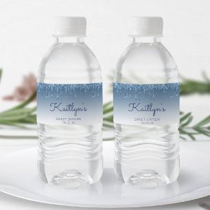 Chic Blaue Glitter-Drip-Süße 16-Party Wasserflaschenetikett