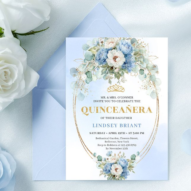 Chic Blaue Pfingstrose Gold Schrift Quinceañera Ei Einladung (Chic Blue Peony Gold Script Quinceañera Invite

)