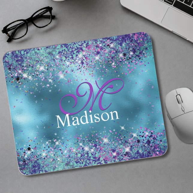 Chic Blaue pink irisierende Glitter-Monogramm Mousepad (Von Creator hochgeladen)