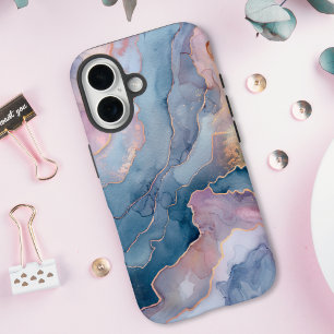 Chic Blaue Rosa Gold Achat-Marmor iPhone 16 Hülle