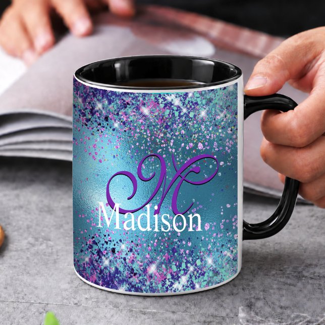 Chic Blaue rosa irisierende Glitter-Monogramm Tasse (Von Creator hochgeladen)