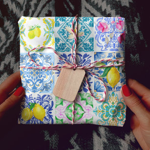 Chic Blaue Sizilianische Amalfi-Azulejo-Fliese Geschenkpapier