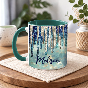 Chic blaue türkis-goldene-glitzer-tropfen-monogram tasse
