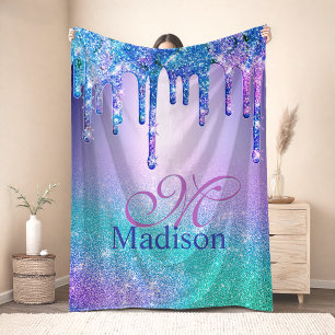 Chic blaue violette Ombre Glitter-Tropfen Monogram Sherpadecke