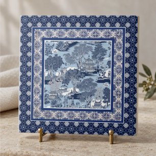 Chic Blaue Weiden-Chinoiserie-Toile-Monogramm Fliese