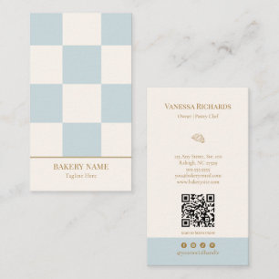 Chic Blauer Karo-Bäckerei-QR-Code Vertikal Visitenkarte
