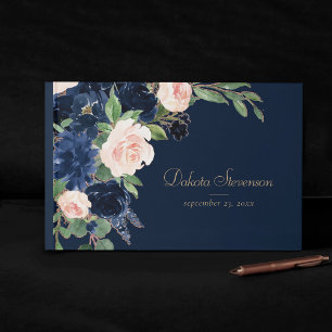 Chic Blooms   Dunkles Navy Blau und Rosa Rosa Blüt Gästebuch