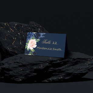 Chic Blooms Dunkles Navy Blau und Rosa Rosa Blüt Platzkarte