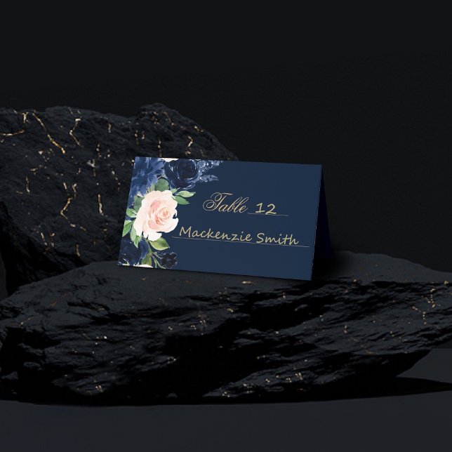 Chic Blooms | Dunkles Navy Blau und Rosa Rosa Blüt Platzkarte (Von Creator hochgeladen)