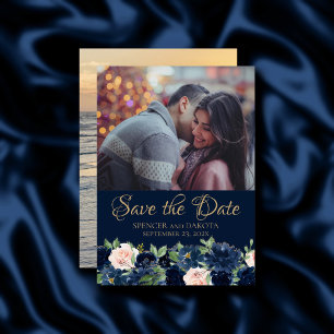 Chic Blooms Dunkles Navy Blue Blush Pink 2 Foto Save The Date