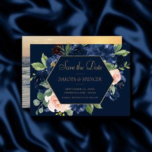 Chic Blooms   Dunkles Navy Blue und Blush Pink Fot Save The Date
