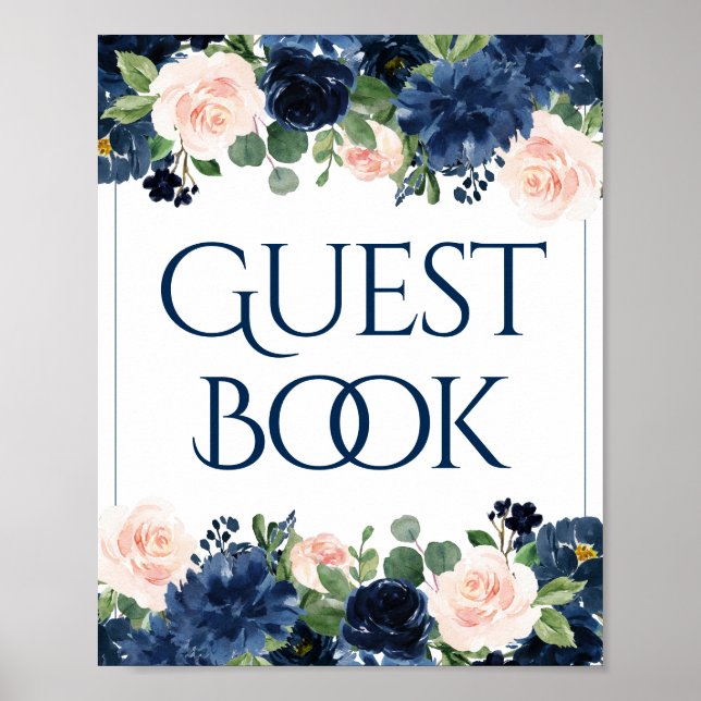 Chic Blooms | Gästebuchsignatur Navy und Pink Flor Poster (Vorne)