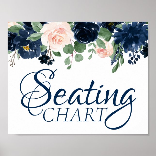 Chic Blooms | Navy Blue and Blush Floral Sitzplätz Poster (Vorne)