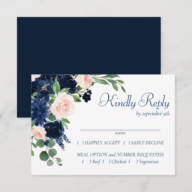 Chic Blooms | Navy Blue and Blush Frame Entree RSVP Karte (Vorne/Hinten)