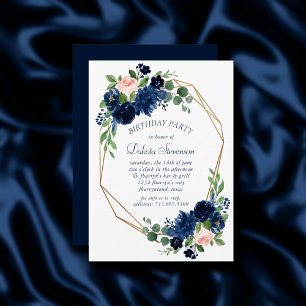 Chic Blooms Navy Blue and Blush Pink Birthday Einladung