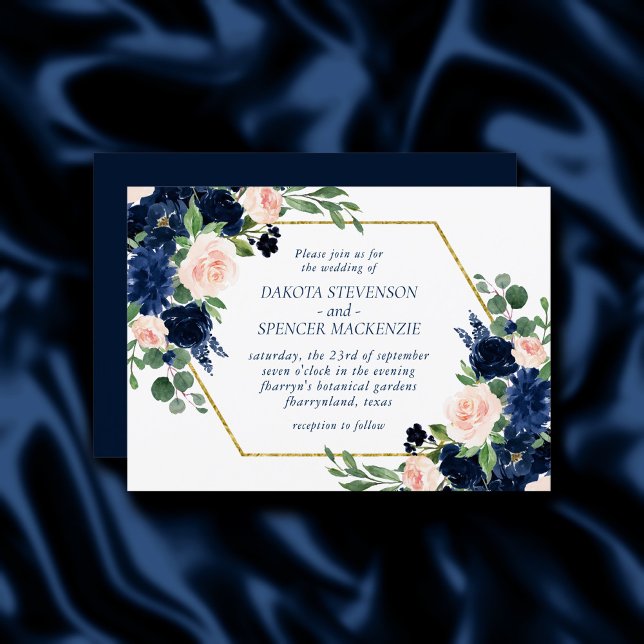 Chic Blooms | Navy Blue and Blush Pink Floral Einladung (Von Creator hochgeladen)