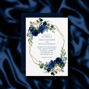 Chic Blooms   Navy Blue and Blush Pink Floral Einladung