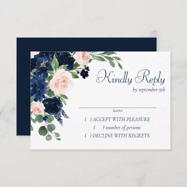 Chic Blooms | Navy Blue and Blush Pink Floral RSVP Karte (Vorne/Hinten)