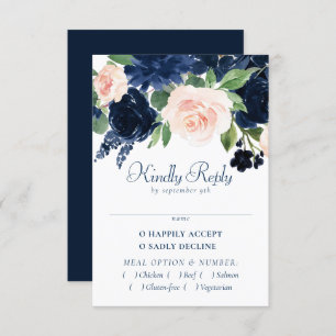 Chic Blooms   Navy Blue and Blush Pink Floral RSVP Karte