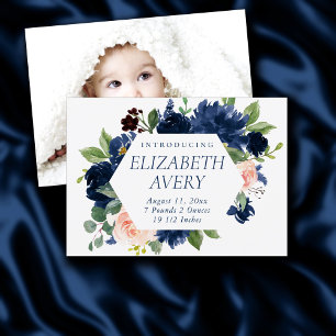 Chic Blooms   Navy Blue and Blush Pink Foto Birth Ankündigung