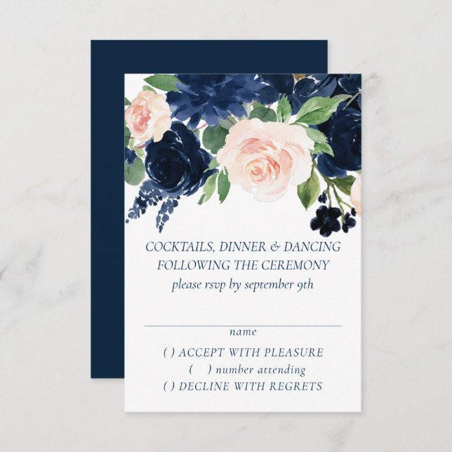Chic Blooms | Navy Blue and Blush Pink Garland RSVP Karte (Vorne/Hinten)