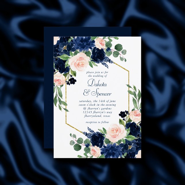 Chic Blooms | Navy Blue and Blush Pink Gold Frame Einladung (Von Creator hochgeladen)