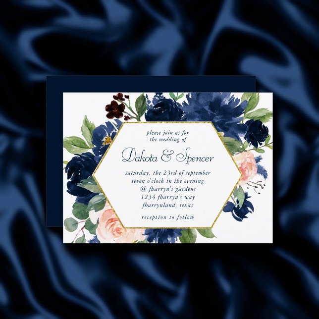Chic Blooms | Navy Blue and Blush Pink Gold Frame Einladung (Von Creator hochgeladen)