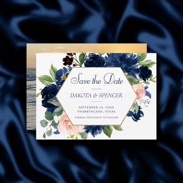 Chic Blooms | Navy Blue and Blush Pink Gold Frame Save The Date (Von Creator hochgeladen)