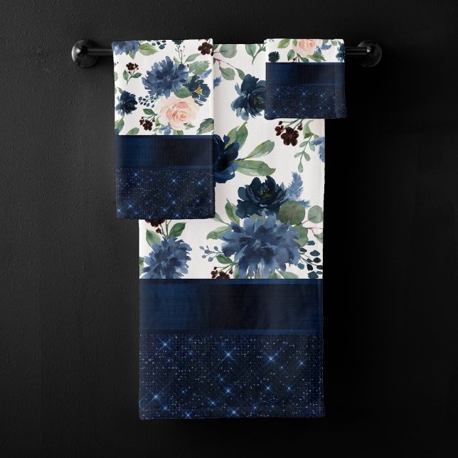 Chic Blooms | Navy Blue and Blush Rosen Shimmer Badhandtuch Set (Von Creator hochgeladen)