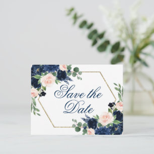 Chic Blooms   Navy Blue und Blush Save the Date Postkarte