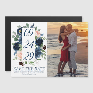 Chic Blooms Navy und Blush Foto Save the Date Magneteinladung