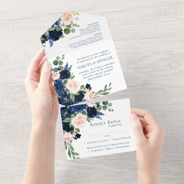 Chic Blooms | Romantische Navy Blue und Blush Entr All In One Einladung (Abreißen)