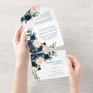 Chic Blooms   Romantische Navyblaue und rosafarben All In One Einladung