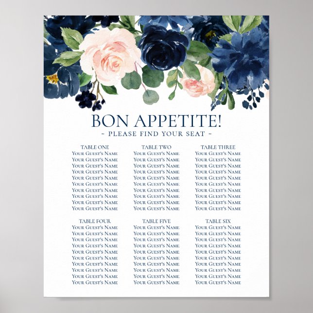 Chic Blooms | Seekarte für Navy und Blush Poster (Vorne)