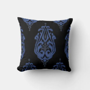 Chic Blue and Black Damask Stamm Ikat Print Kissen
