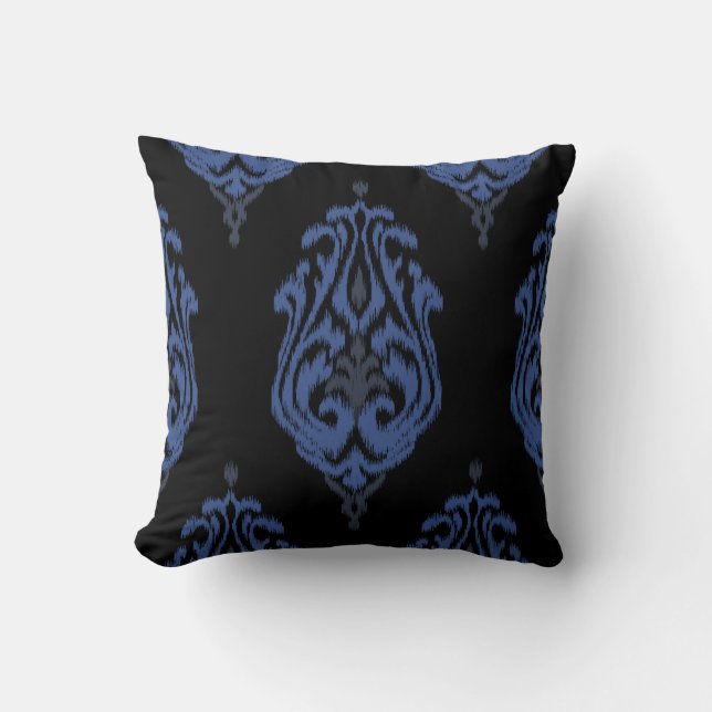 Chic Blue and Black Damask Stamm Ikat Print Kissen (Vorderseite)