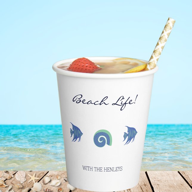 Chic Blue and White Fish and Muscheln Beach House Pappbecher (Von Creator hochgeladen)