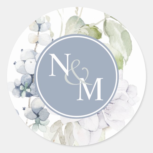 Chic Blue and White Floral Monogram Umschlag Aufkl Runder Aufkleber (Vorderseite)