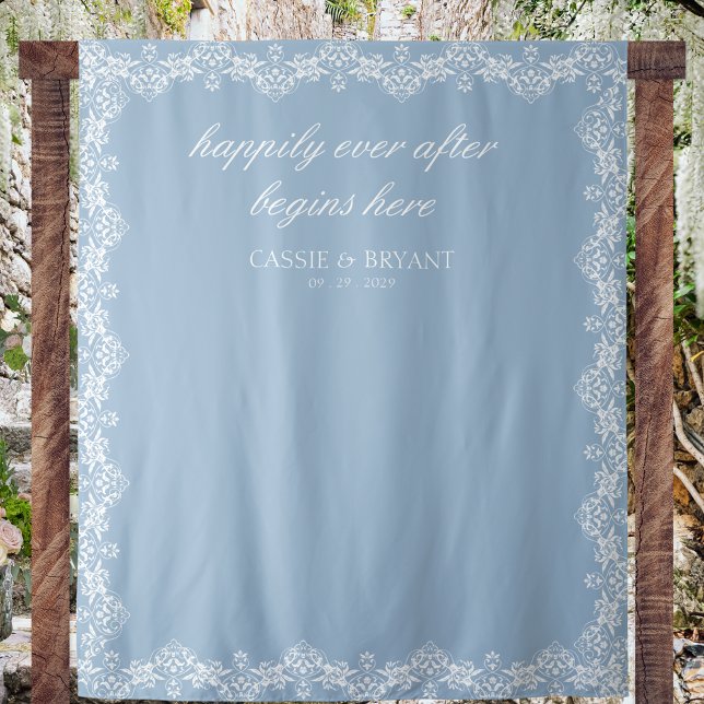 Chic Blue and White Mairytale Wedding Background Wandteppich (chic dusty blue wedding photo backdrop happily ever after saying bride groom date tapestry)