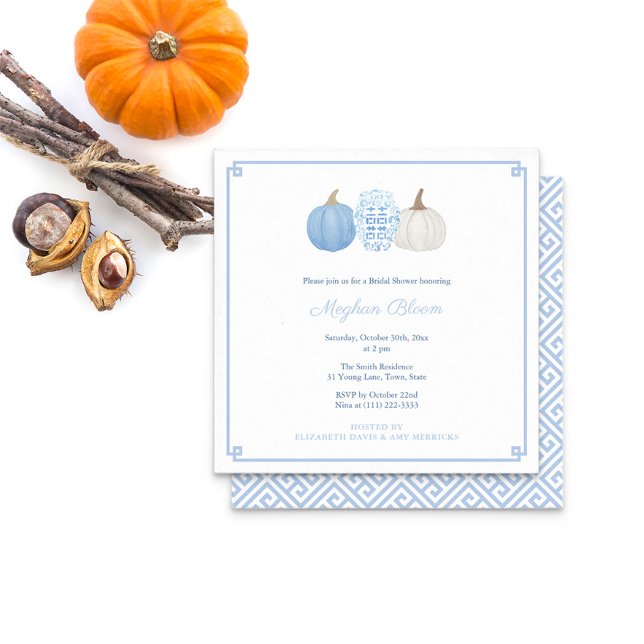 Chic Blue and White Pumpkin Fall Brautparty Einladung (Square light blue white pumpkins with ginger jar. Greek Key pattern on reverse and border on front)