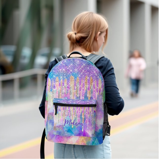 Chic blue aqua unicorn dripping Glitzer monogram Bedruckter Rucksack (Von Creator hochgeladen)