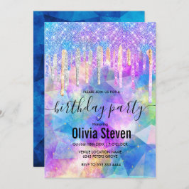 Chic blue aqua unicorn dripping Glitzer monogram Einladung