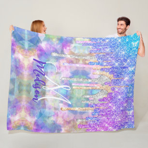 Chic blue aqua unicorn dripping Glitzer monogram Fleecedecke
