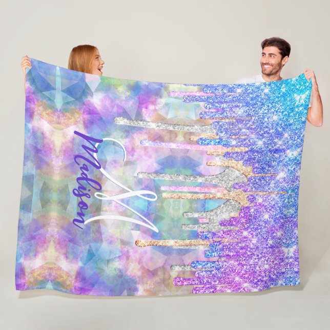 Chic blue aqua unicorn dripping Glitzer monogram Fleecedecke (Beispiel)