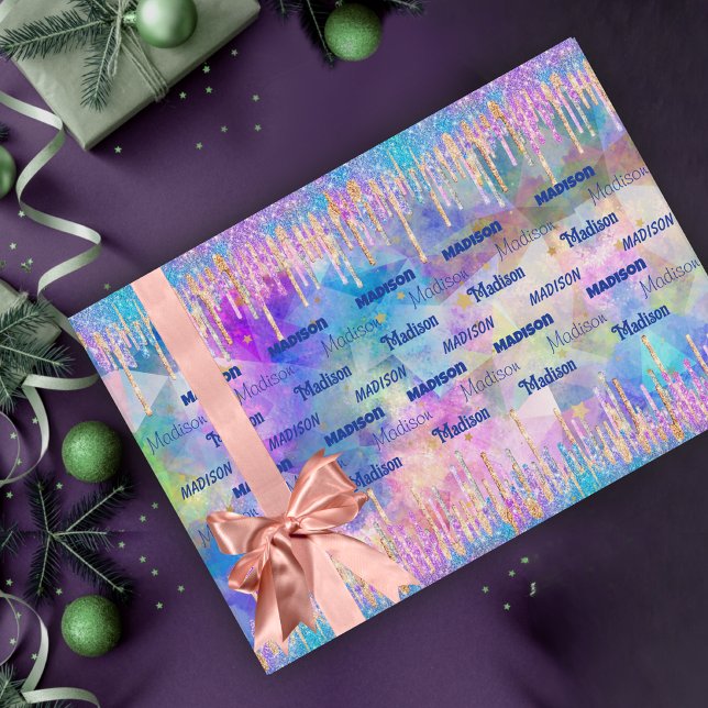 Chic blue aqua unicorn dripping Glitzer monogram Geschenkpapier Set (Von Creator hochgeladen)