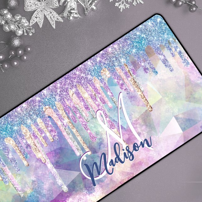 Chic blue aqua unicorn dripping Glitzer monogram Schreibtischunterlage (Von Creator hochgeladen)