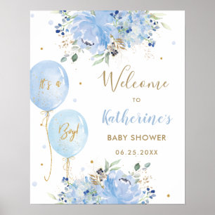 Chic Blue Balloons Floral Boy Baby Dusche Willkomm Poster