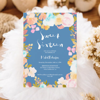 Chic blue boho floral Aquarellschrift Sweet 16 Einladung