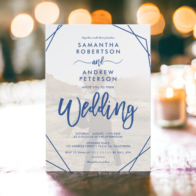 Chic Blue Boho Rahmen einfache Foto Skript Hochzei Einladung (Chic blue boho frame simple photo script wedding invitation)