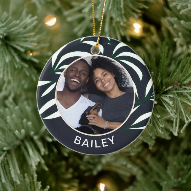 Chic Blue Botanical Dog Foto und Name Weihnachten Keramik Ornament